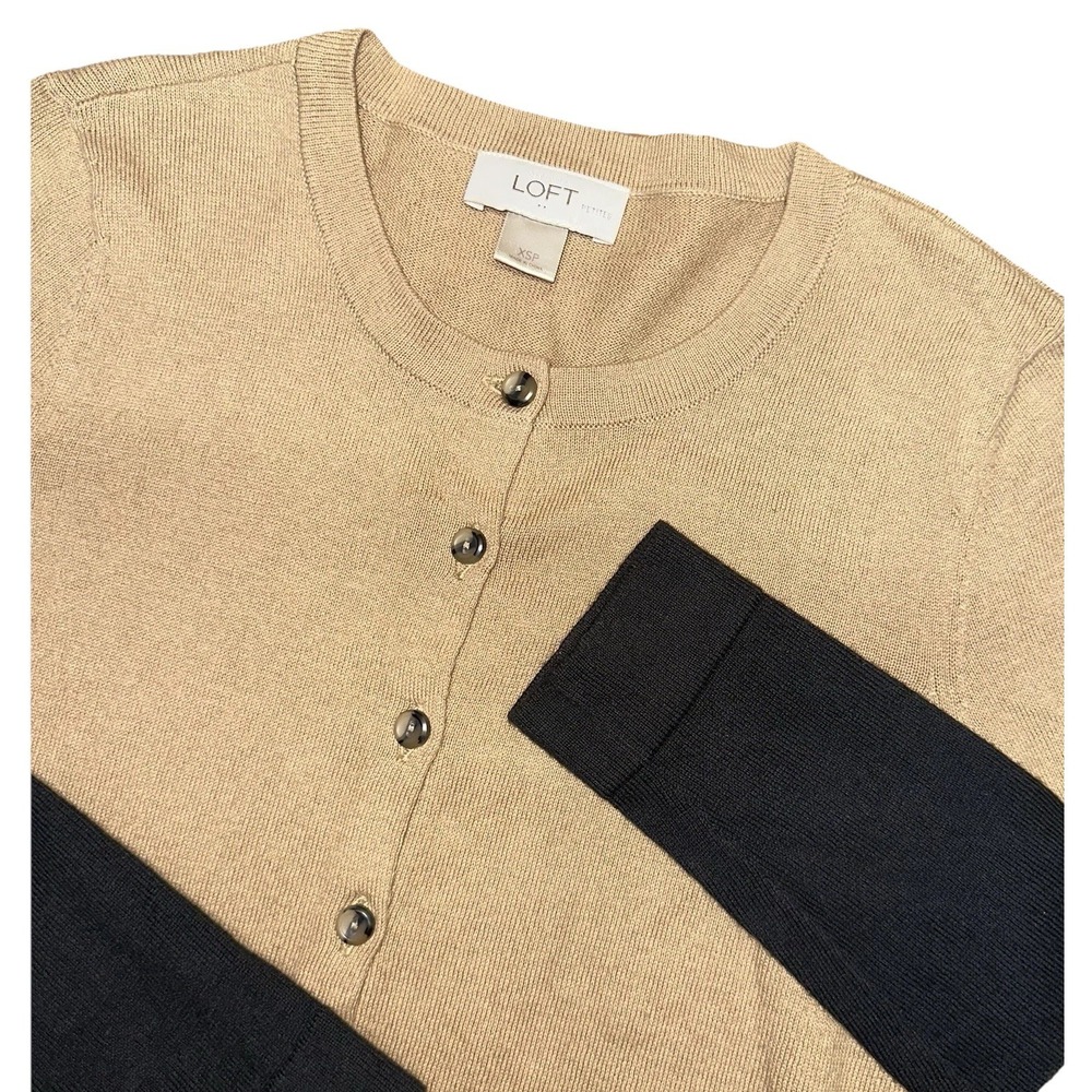 Ann Taylor Loft Petites Tan Black‎ Button Up Cotton Cardigan Sweater Women's XS